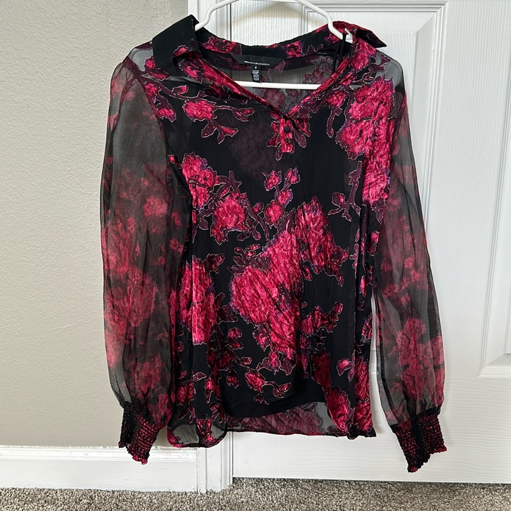 Black and red floral blouse, Sheer, size small